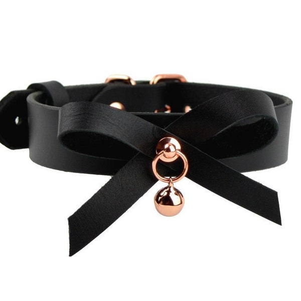 Black Leather Collar With Bow & Rose Gold Kitten Bell | Cute Kitty Pet Play Submissive DDLG Choker Lockable Day Collar | Col25RgBwBl