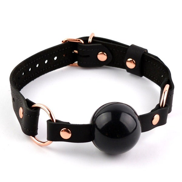 Black Leather BDSM Ball Gag with Rose Gold Hardware | Handcrafted Premium Bondage Sub Restraint | Food Grade Silicone Ball | Ga03blkBlkRg