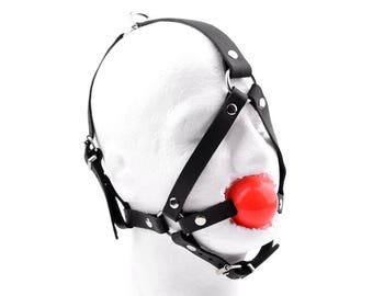 BDSM Head Harness Schwarz Leder Ballknebel Roter Ball Premium Handgefertigt Ga15BlkRd