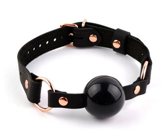 Black Leather BDSM Ball Gag with Rose Gold Hardware | Handcrafted Premium Bondage Sub Restraint | Food Grade Silicone Ball | Ga03blkBlkRg