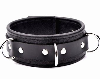 Heavy Duty Black Leather bondage collar bdsm restraint 3 ring premium quality locking by Mercy industries Col33Blk