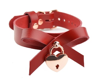Americana Red Leather Bow Collar with Rose Gold Love Heart Padlock | Handcrafted Cute BDSM DDLG Kitten Choker Collar | Col25BowLckAmRdRg