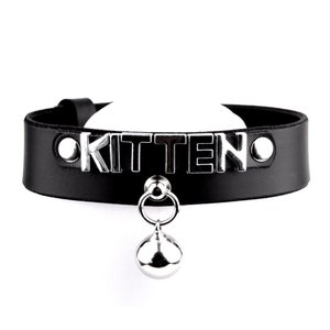 Custom Lettering Black Leather Collar with Kitten Bell | Lockable Kitty Choker Pet Play Custom Made | Cute DDGL Day Collar Alt Fashion