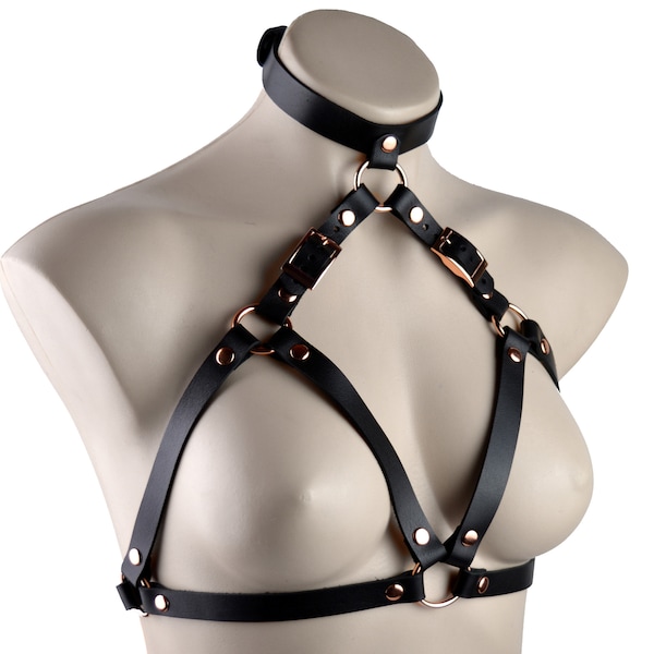 ROSE GOLD AURUM By Mercy Industries Deluxe Luxury Leather Black Body Bra Harness Stunning Har3blk