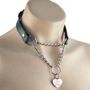 Emerald Green Custom Engraved Martingale Day Collar| Luxury Leather with Silver Love Heart Pendant | Handcrafted Submissive Choker | Col46EG