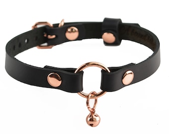 Secret Message Kitten Bell Custom Engraved Collar | Handcrafted Leather with Rose Gold O-Ring & Kitty Bell Choker | col52rgbl