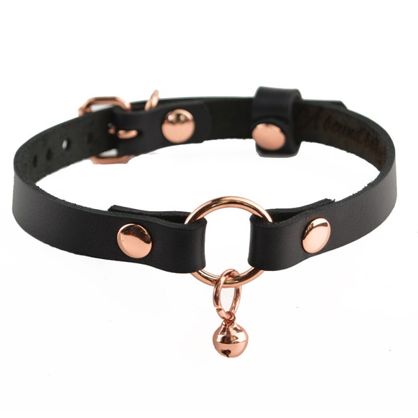 Secret Message Kitten Bell Custom Engraved Collar | Handcrafted Leather with Rose Gold O-Ring & Kitty Bell Choker | col52rgbl