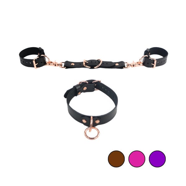 The V3RSE | Leather Bag Strap Converts to Bondage Restraint Set - Collar, Cuffs & Connector | Black, Brown, Pink or Purple with Rose Gold