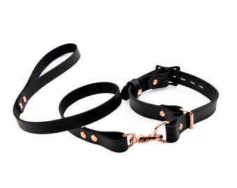Handcrafted Black Leather Choke Collar & Leash | Rose Gold Hardware