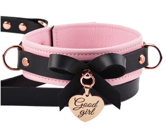 Blush Pink Leather Bow Collar & Leash | Custom Engraved Rose Gold Love Heart Pendant | Handcrafted BDSM Submissive Collar | Col49BlkPnkRgPnd