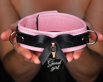 Custom Engraved Blush Pink Leather Bow Collar | Rose Gold Heart Pendant