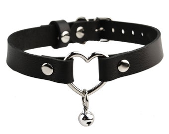 Engraved Leather Submissive Collar | Steel Heart, Kitten Bell