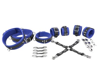 Conjunto completo de sujeción de cuero azul oscuro de lujo con herrajes de acero / Collar, esposas para muñecas, tobillos y muslos, conector, mosquetones, candados