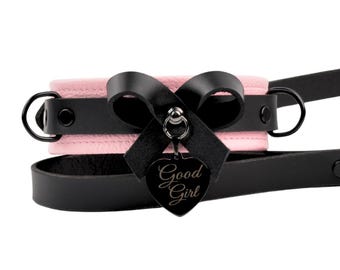 Custom Engraved Blush Pink Leather Bow Collar Black Love Heart Pendant + Leash | Handcrafted BDSM Submissive Pet Play DDlg Gift for Sub