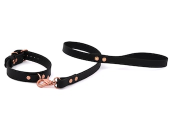 Schwarzes Lederhalsband und Leine | Rosegold Hardware