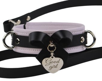 Collare e guinzaglio in pelle color lavanda realizzati a mano con fiocco / Ciondolo in argento con incisione personalizzata