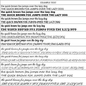 May include: A black and white font reference chart featuring twelve numbered rows. Each row displays the phrase the quick brown fox jumps over the lazy dog in both lowercase and uppercase letters, showcasing distinct typographic styles for each font.