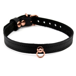 Black Leather Amare Day Collar with Small Rose Gold O-Ring | Handcrafted Stitched Choker | Alternative Fashion | Col39BlkRg