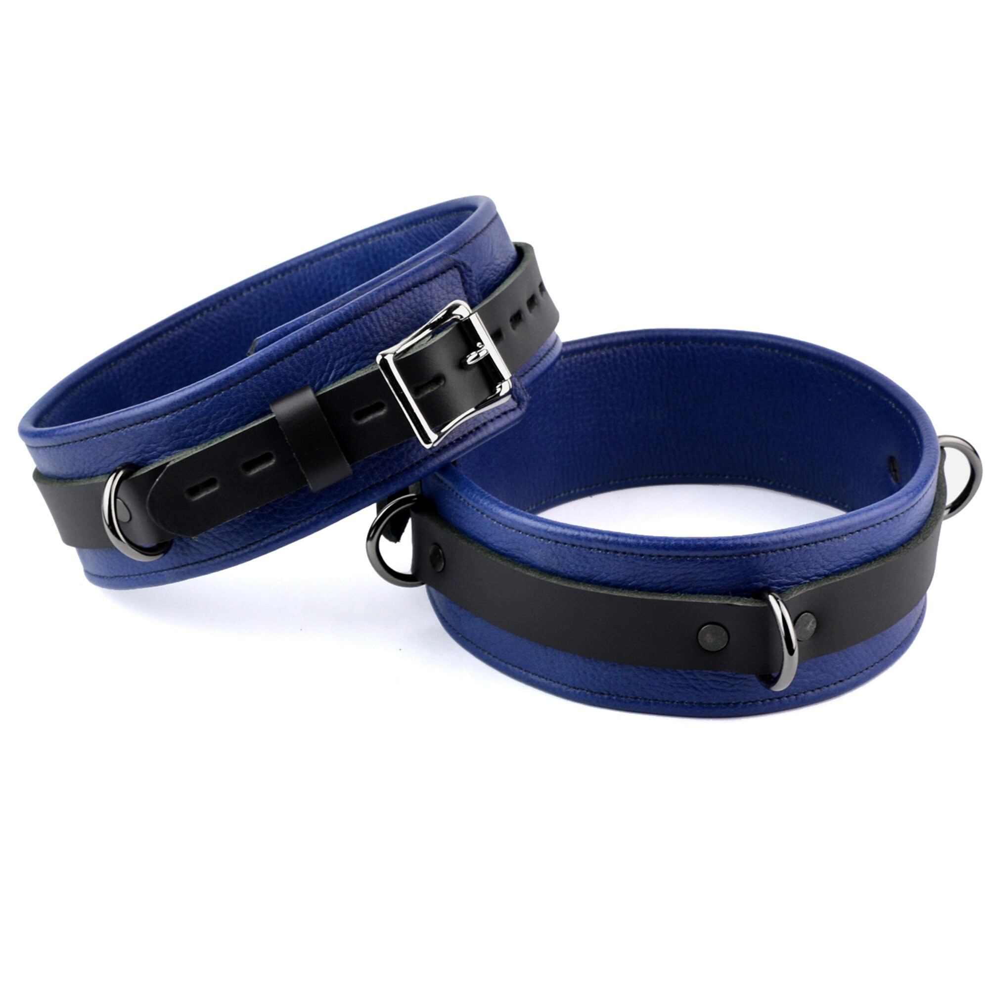 Locking Ankle Cuffs Blue and Black Leather Restraints