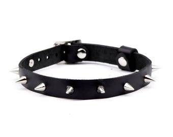 Genuine Black Leather Beautiful Leather Collar with Studs Spikes Rivets HOT COL1BLK
