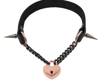 Black Leather Chain Collar with Spikes & Rose Gold Love Heart Padlock - AURUM Handcrafted by Mercy Industries - Col34BlkRg