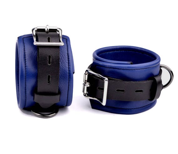 【F】LEATHER HAND CUFFS BLUE Luxury Sky Blue Handcuffs, Bdsm Handcuffs, Hand Bracelets