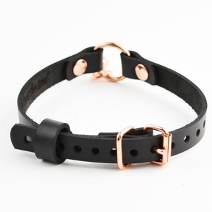 Secret Message Kitten Bell Custom Engraved Collar Handcrafted Leather with Rose Gold O-Ring & Kitty Bell Choker col52rgbl image 2