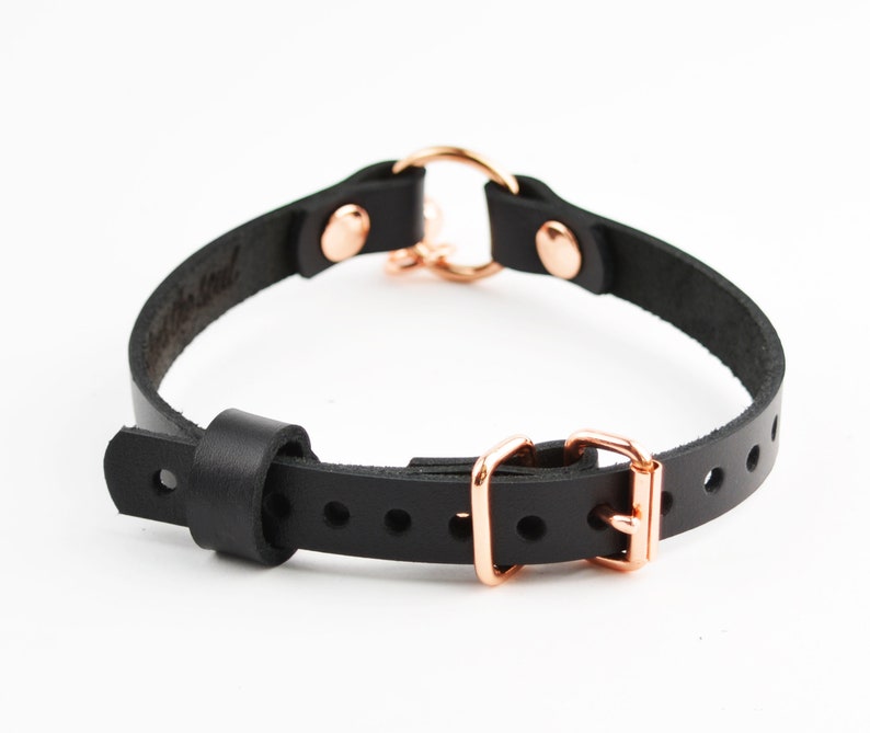 Secret Message Kitten Bell Custom Engraved Collar Handcrafted Leather with Rose Gold O-Ring & Kitty Bell Choker col52rgbl image 2