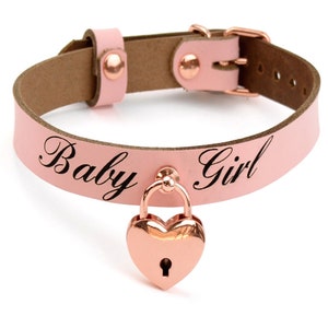 Blush Pink Custom Engraved Leather Collar | Rose Gold Love Heart Lock Pendant | Handcrafted Deluxe Leather Choker | Col40BlPnkRgPdl