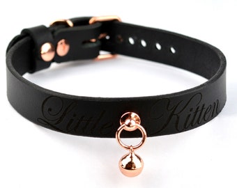 Custom Engraved Black Leather Kitten Collar | Rose Gold Bell, Custom Pet Play Choker