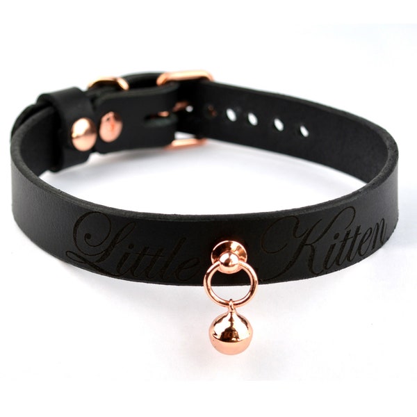 Custom Engraved Black Leather Collar with Rose Gold Kitten Bell | Kitty Pet Play Choker | DDLG Submissive Lockable Day Collar | Col40BlkRgE