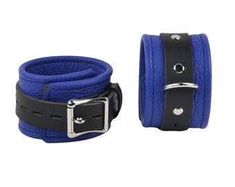 Locking Wrist Cuffs Blue Leather With Black Faux Fur Lining