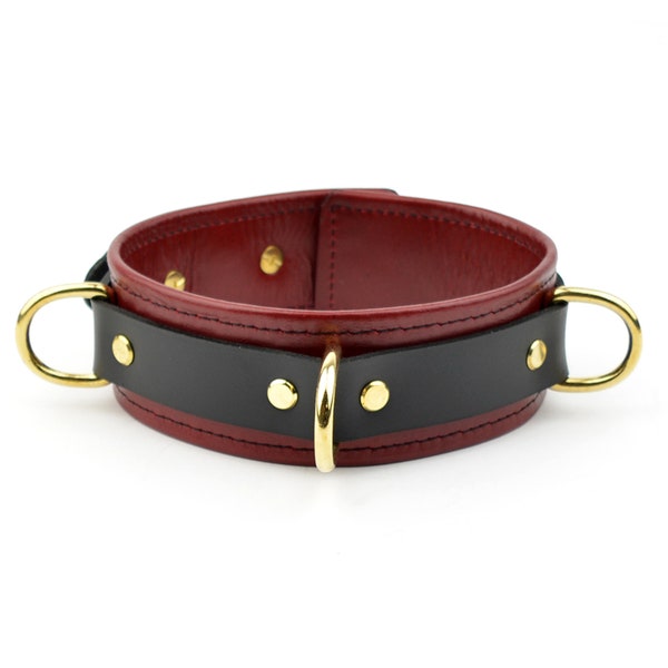 Scarlet Red and Gold Leather Bondage Collar PREMIUM HANDCRAFTED bdsm restraint Col33ScarlGld