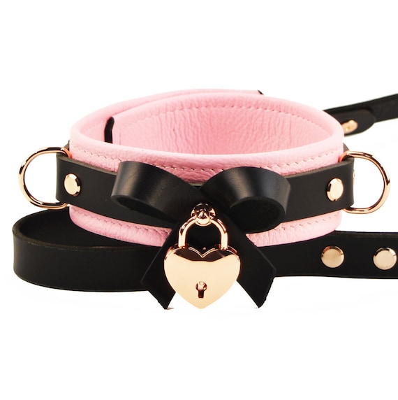 Blush Pink Lederschleife Halsband & Leine | Rose Gold Liebe Herz Schloss |  Handgefertigtes BDSM Halsband | Col49BlkPnkRgLck - Etsy sterreich