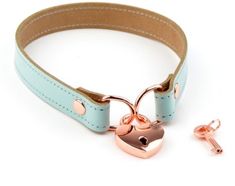 AMARE Aqua Adore Blue and Rose Gold padlocked stunning leather day collar Col43AqRg