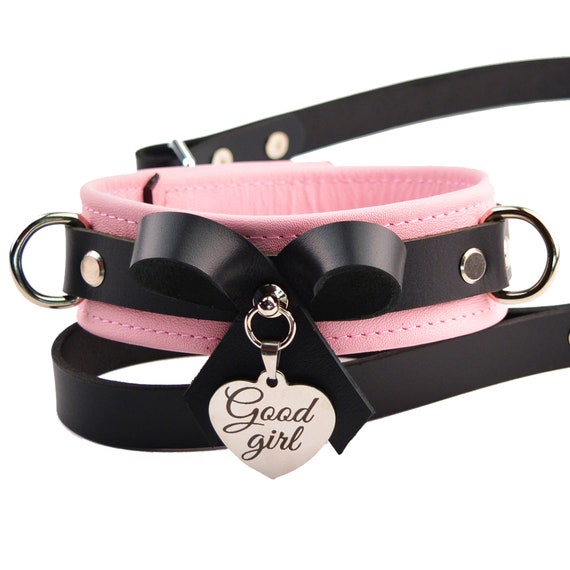Blush Pink Leather BDSM Collar & Leash: Custom Engraved Heart Pendant, Lockable Buckle Options