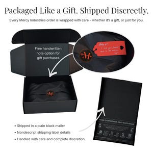 May include: A black cardboard box containing black tissue paper secured with a circular logo sticker. A red gift tag with handwritten text is attached. A plain black compostable mailer is shown alongside the box, featuring white printed text.