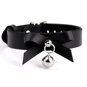 Kitten Bell & Bow Black Leather Collar | Handcrafted Deluxe Kitty Pendant Choker | Lockable Day Collar Pet Play Submissive Fetish Wear