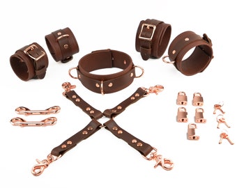 Ensemble de retenue Bondage en cuir marron | Collier BDSM fabriqué à la main, poignets et chevilles, connecteur croisé, mousquetons, cadenas | Set3Cl33CcBrRg