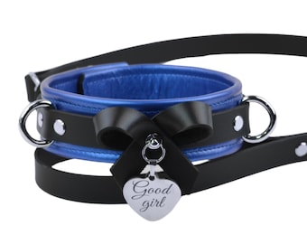 Metallic Blue Leather Premium Bow Collar with Custom Engraved Silver Pendant and Leash | Handcrafted Unique Submissive Bondage Collar
