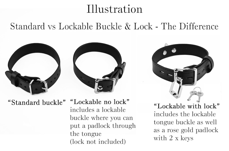 May include: An illustration showing three black leather collars. The first has a standard buckle. The second is a lockable buckle without a lock. The third is a lockable buckle with a padlock and two keys. Text labels describe the differences between the three buckle types.