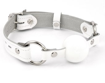 Weißer Leder Premium Einzelgurt Ballknebel - Weißer Silikonball | BDSM Fessel Fessel Ballknebel | Handgefertigte Kink Fetisch Medizinszene