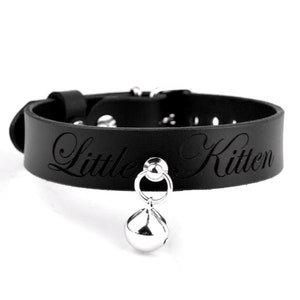 CUSTOMIZABLE Engraving Kitten Bell Leather Collar - &#39;Little Kitten&#39; | Cute Kitty Pendant Choker Pet Play Furry Jewellery Alt Goth Fashion