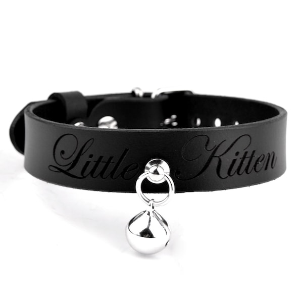 CUSTOMIZABLE  Kitty Bell STUNNING DELUXE Engraved 'Little Kitten' leather collar bdsm Dominatrix Master Mistress Col25EgrBlk