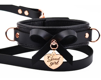 Premium BDSM Black Leather Bow Collar & Leash With Custom Engraved Rose Gold Pendant | Handcrafted Submissive Bondage Collar - Col49BlkRgPnd