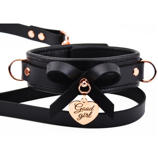 Premium BDSM Black Leather Bow Collar & Leash With Custom Engraved Rose Gold Pendant | Handcrafted Submissive Bondage Collar - Col49BlkRgPnd