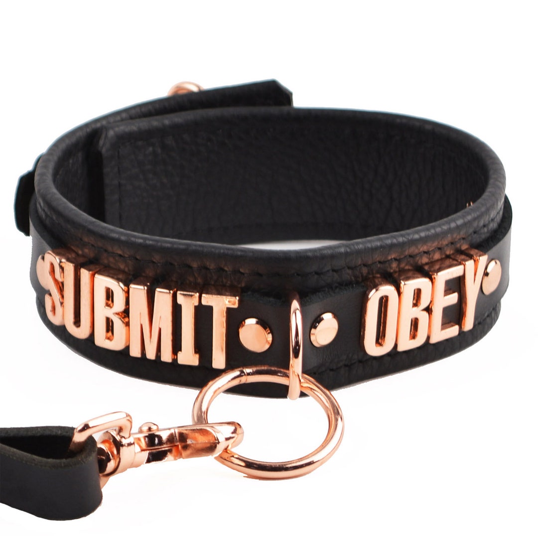 Handcrafted Black Leather O-ring Collar With Custom Rose Gold Lettering ...