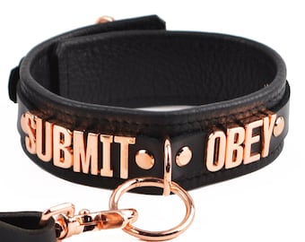 Handcrafted Black Leather O-Ring Collar with Custom Rose Gold Lettering & Leash