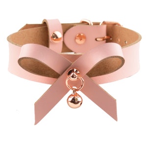 Blush Pink Leather Collar With Bow & Rose Gold Kitten Bell |  Handcrafted DDLG Bondage Submissive PetPlay Kitty Choker Collar | Col25RgBlPnk