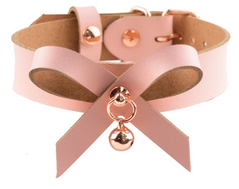 Peachy Pink Leather Collar With Bow & Rose Gold Kitten Bell |  Handcrafted DDLG Bondage Submissive PetPlay Kitty Choker Collar